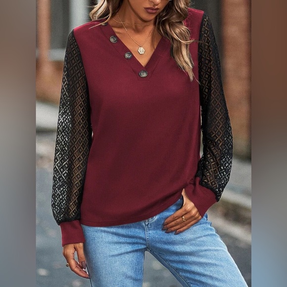 💖 NEW!! Burgundy Lace Sleeve Blouse - Picture 2 of 10